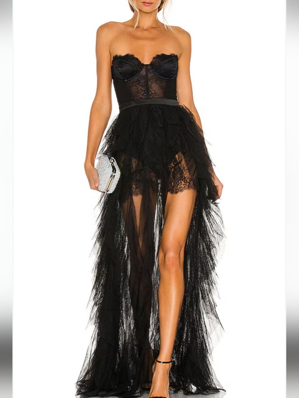 For Love & Lemons Black Lace Bustier High-Low Tulle Gown size S new with tags